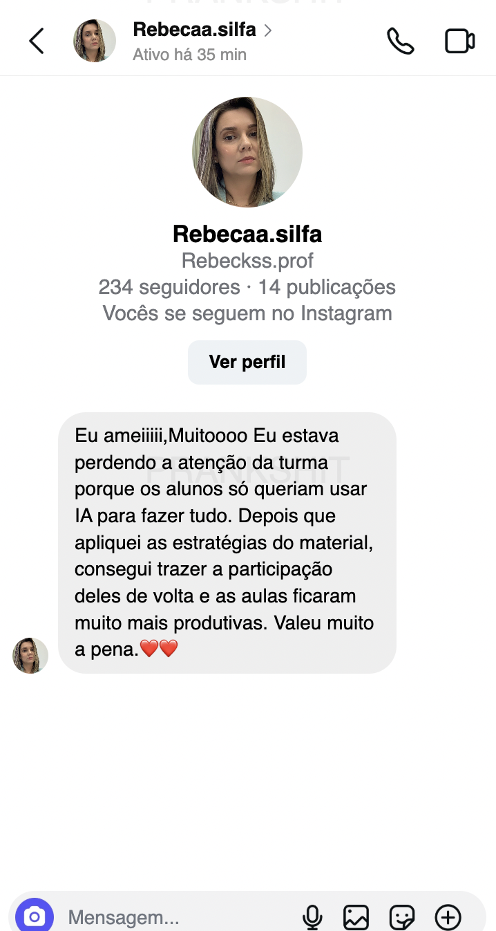 Mensagem de uma professora no Instagram falando sobre a capacitação Aula à Prova de IA